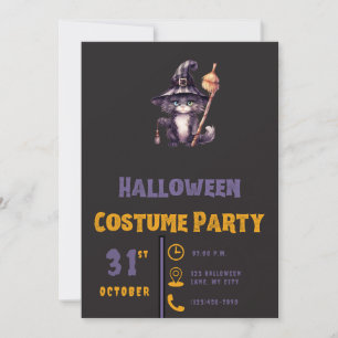 Black Cat Witch's Hat Broom Modern Black Halloween Invitation