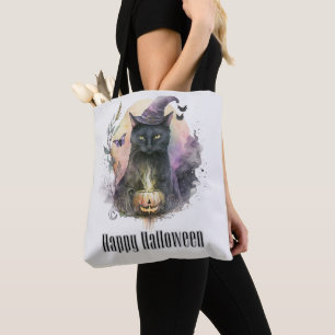 Black Cat Witch's Hat Full Moon Happy Halloween Tote Bag