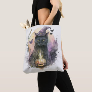 Black Cat Witch's Hat Full Moon White Halloween Tote Bag