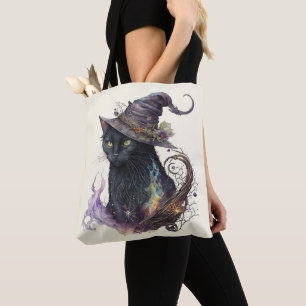 Black Cat Witch's Hat Yellow Halloween Tote Bag