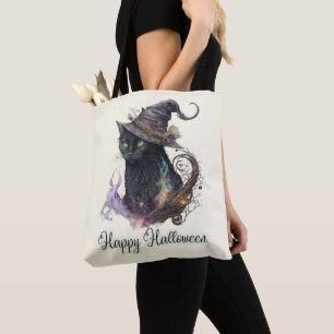Black Cat Witch's Hat Yellow Happy Halloween Tote Bag