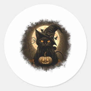 Black Cat Witchy Pumpkin Moon Spooky Halloween Wom Classic Round Sticker