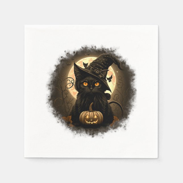 Black Cat Witchy Pumpkin Moon Spooky Halloween Wom Napkin (Front)