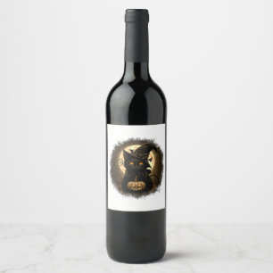 Black Cat Witchy Pumpkin Moon Spooky Halloween Wom Wine Label