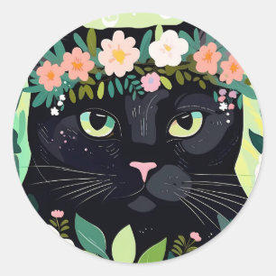 Black cat with a floral crown classic round sticker
