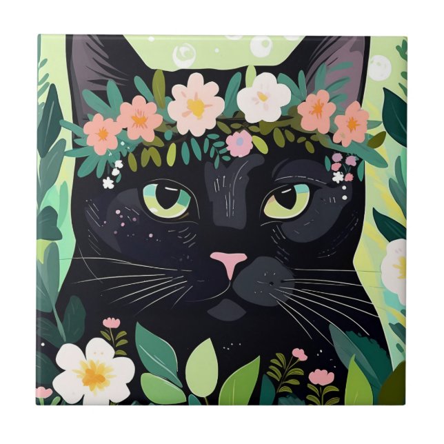 Black cat with a floral crown tile (Front)