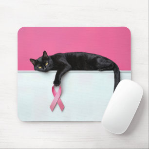 Black Cat with a Pink Ribbon Cancer Symbol Mouse Pad