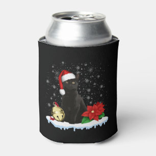 Black Cat With A Santa Hat Christmas Cat Costume Can Cooler