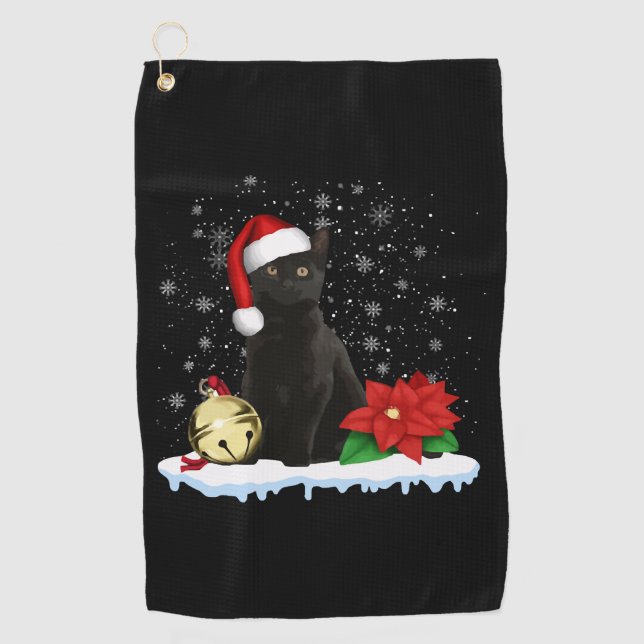 Black Cat With A Santa Hat Christmas Cat Costume Golf Towel (Front)