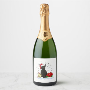 Black Cat With A Santa Hat Christmas Cat Costume Sparkling Wine Label