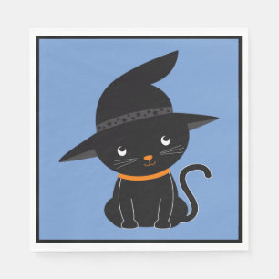 Black Cat With A Witch Hat Halloween Napkin