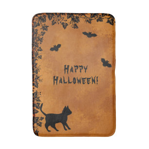 Black Cat with Bat , Happy Halloween Bath Mat