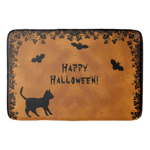 Black Cat with Bat , Happy Halloween Bath Mat