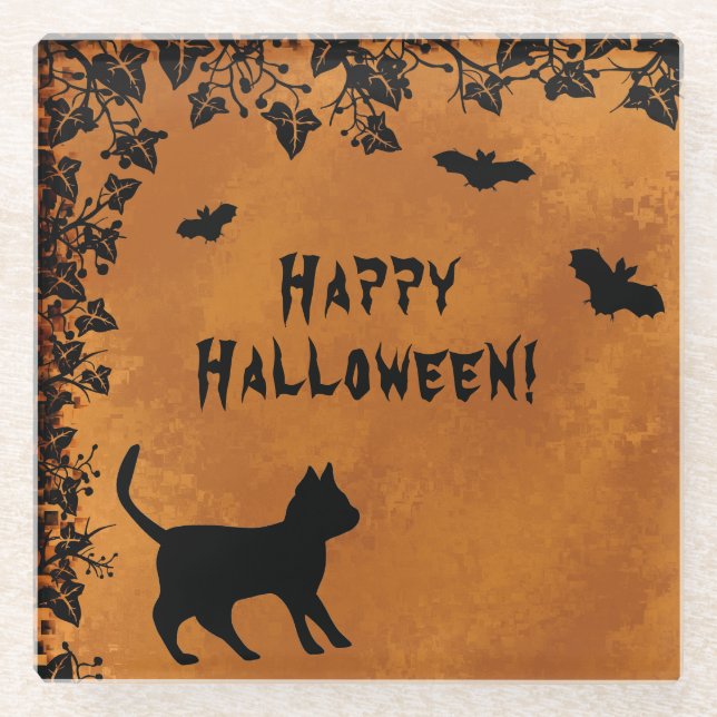 Black Cat with Bat , Happy Halloween Glass Coaster (Front)