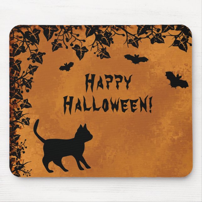 Black Cat with Bat , Happy Halloween Mouse Pad (Front)