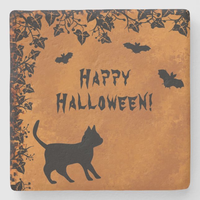 Black Cat with Bat , Happy Halloween Stone Coaster (Front)