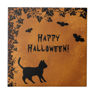 Black Cat with Bat , Happy Halloween Tile