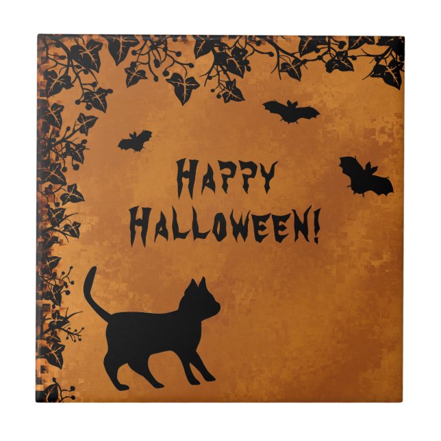 Black Cat with Bat , Happy Halloween Tile (Front)