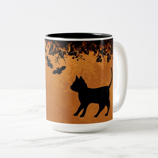 Black Cat with Bat , Happy Halloween Two-Tone Coffee Mug (Front Right)