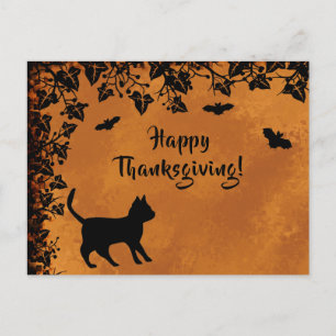 Black Cat with Bat , Happy Thanksgiving Postcard
