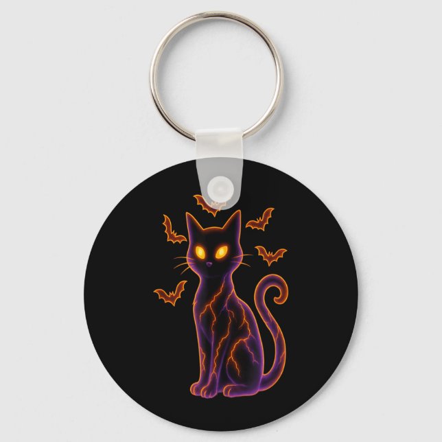Black Cat With Bats Halloween Design Key Ring (Front)
