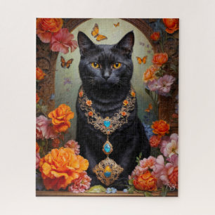 Black Cat with Beautiful Jewelry and Flowers Jigsaw Puzzle