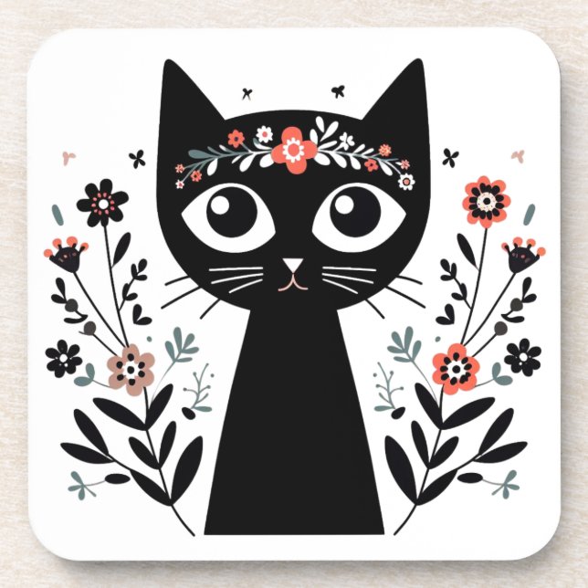 Black Cat with Big Eyes Surrounded by Flowers Coaster (Front)