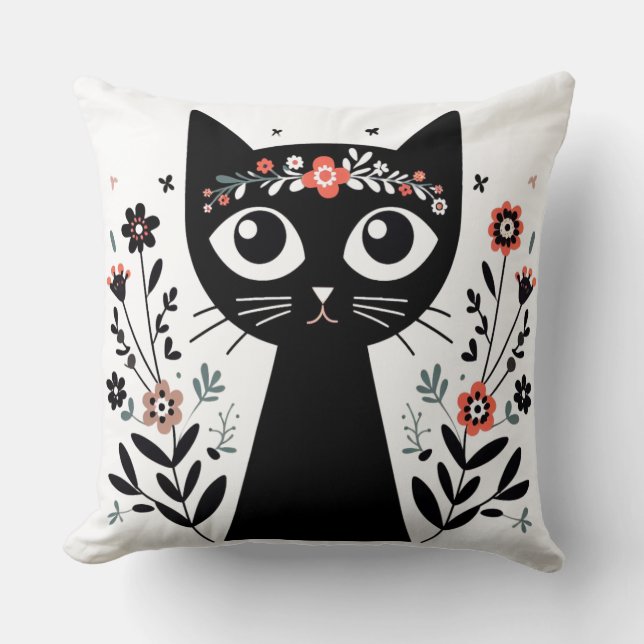 Black Cat with Big Eyes Surrounded by Flowers Cushion (Front)