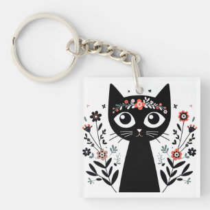 Black Cat with Big Eyes Surrounded by Flowers Key Ring
