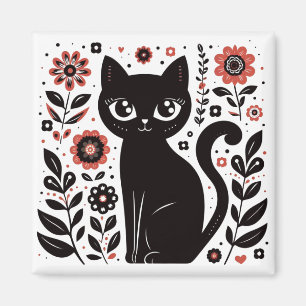Black Cat with Big Eyes Surrounded by Flowers Magnet