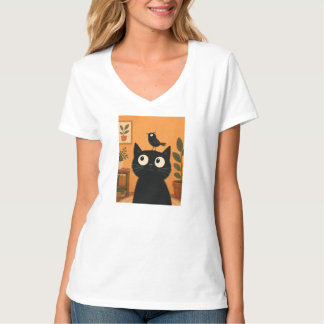 Black Cat With Bird On Head Cute Whimsical Botanic T-Shirt