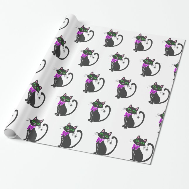 Black cat with bow tie - Choose background colour Wrapping Paper (Unrolled)