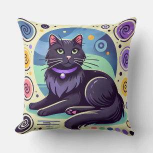 Black Cat with Brightly Coloured Background Cushion
