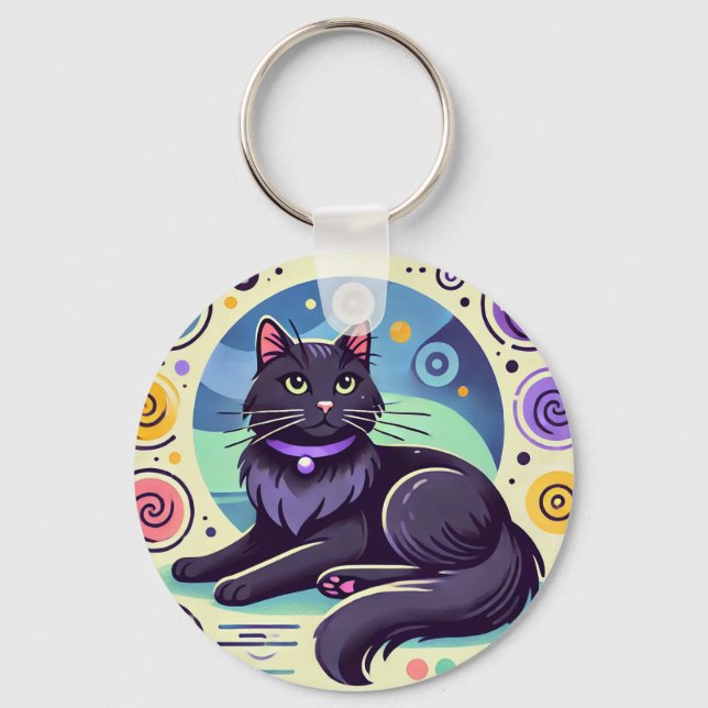 Black Cat with Brightly Coloured Background Key Ring (Front)