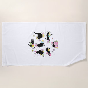 Black Cat with Bunny Eggs Happy Easter Day Matchin Beach Towel