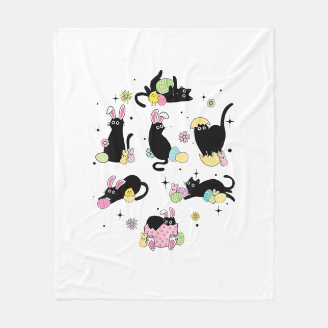 Black Cat with Bunny Eggs Happy Easter Day Matchin Fleece Blanket (Front)