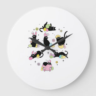 Black Cat with Bunny Eggs Happy Easter Day Matchin Large Clock