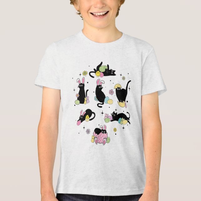 Black Cat with Bunny Eggs Tri-Blend Shirt (Front)