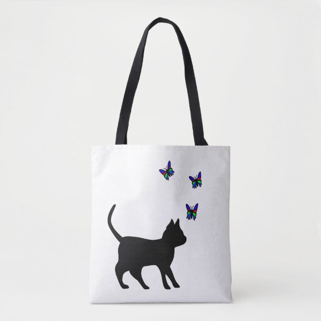 Black Cat with Butterfly Tote Bag (Front)