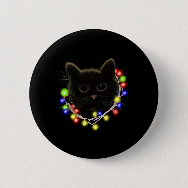 Black cat with Christmas lights 6 Cm Round Badge (Front)