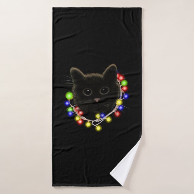 Black cat with Christmas lights Bath Towel (Bath Towel)