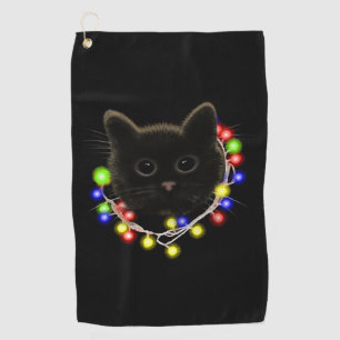 Black cat with Christmas lights Golf Towel
