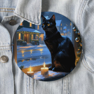 Black Cat With Christmas Lights Holiday 6 Cm Round Badge