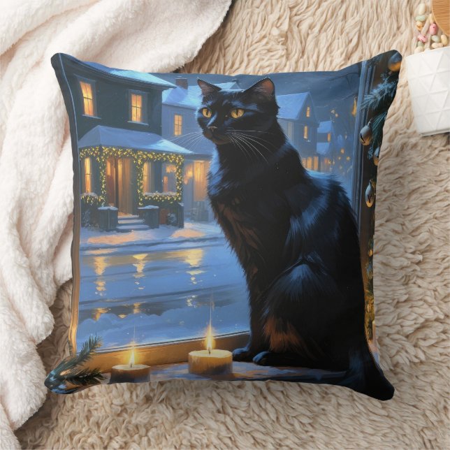 Black Cat With Christmas Lights Holiday Cushion (Blanket)