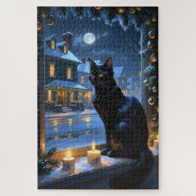 Black Cat With Christmas Lights Holiday Jigsaw Puzzle (Vertical)