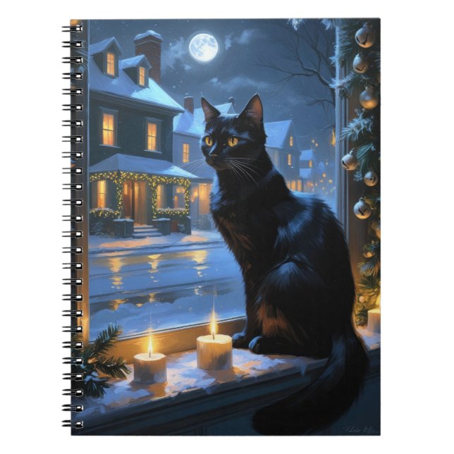 Black Cat With Christmas Lights Holiday Notebook (Front)
