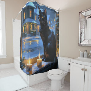 Black Cat With Christmas Lights Holiday Shower Curtain