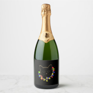 Black cat with Christmas lights Sparkling Wine Label