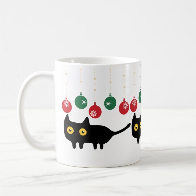 Black Cat with Christmas Ornament Mug (Left)