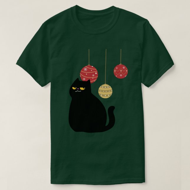 Black Cat with Christmas Ornaments T-shirt (Design Front)